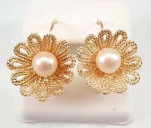 2Ct Round Cut Genuine White Pearl Flower Stud Earrings 14K Yellow Gold Plated