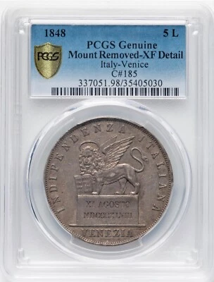 ITALY  VENICE REVOLUTIONARY  1848  5 LIRE SILVER COIN, PCGS CERTIFIED XF DETAILS - Image 1 of 2