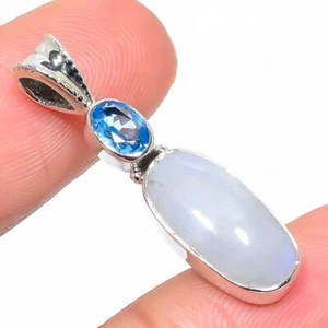Natural Rainbow Moonstone, Kyanite 925 Solid Sterling Silver Pendant 1.38" - Picture 1 of 3