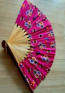 Bamboo wooden Pink flower fabic Thai local natural handmade folding Hand Fans - Picture 1 of 4