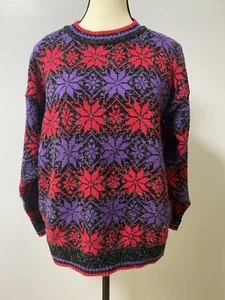 VTG 80s 90s Snowflake Pink Purple Sweater Womens M L Knit Retro Ski Winter - Picture 1 of 13