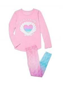 Justice Girls Mermaid Pajama Set Pink Heart 'I Am Really A Mermaid' Tee Leggings - Picture 1 of 4