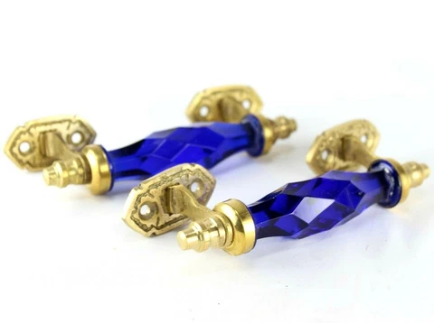 Glass Door Handle Brass Vintage Victorian Style Cobalt Blue Cut Glass Set Pair Cover