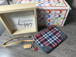 Coach Wolle kariert Wildleder Logo Charms Reißverschluss Kalbsleder Tasche Geldbörse gebraucht - Bild 1 von 14