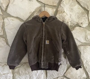 VTG Carhartt Y06 CHT Kids Quilt Lined Duck Canvas Hooded Jacket Coat Youth Small - Picture 1 of 11