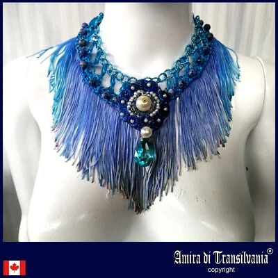 jewelry collier choker fringe necklace chain blue medallion strass crystal pearl - Image 1 of 4