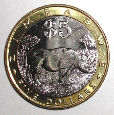 2002 Zimbabwe 5 dollars Bi-metallic Coin Rhinoceros Animal Wildlife - Image 1 of 2
