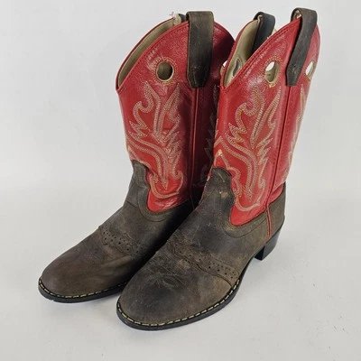OLD WEST Western Cowboy Boots Red & Brown Leather Girls Kids SZ 1 D - Image 1 of 4