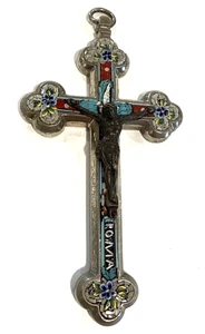 Micro Mosaic Roma Cross Italy Jesus Pendant Polychrome Crucifix signed Stocker - Picture 1 of 12
