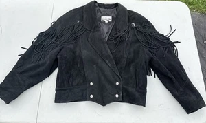 VTG Black Western Suede Fringe Women's Cropped Jacket Yearbook Size L 1980s - Picture 1 of 17