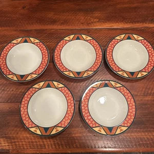 5 Pagnossin Ironstone Trevisio Southwestern Pattern Red Yellow Brown Soup Bowls - Picture 1 of 8