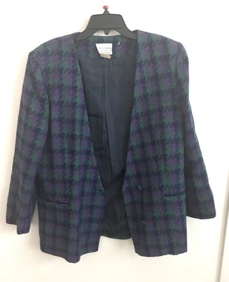 Vintage 80s Houndstooth Blazer Wool Purple Retro Longline Jacket Sz 14 Oversized - Image 1 of 4