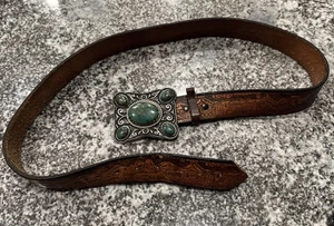 Southwest Belt Buckle Green Chrysocholla Malachite Silver Tone Leather Belt 38 - Picture 1 of 7