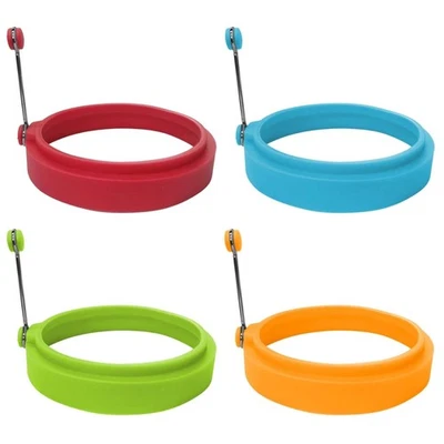 Anillos para huevos de silicona aptos para alimentos de 10 cm, juego de 4 piezas de fácil limpieza en colores brillantes Foto 1 de 4