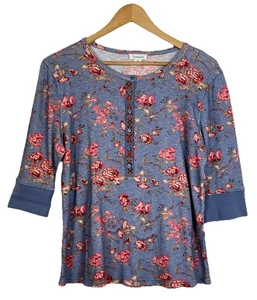 Sundance blau Blumenmuster mit Stickerei 3/4 Arm Boho Thermo Henley Shirt M - Bild 1 von 9