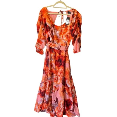 City Chic Poppie Print Maxi dress Size 20 NWT Orange Pink Puff sleeve Tied waist - Image 1 of 4