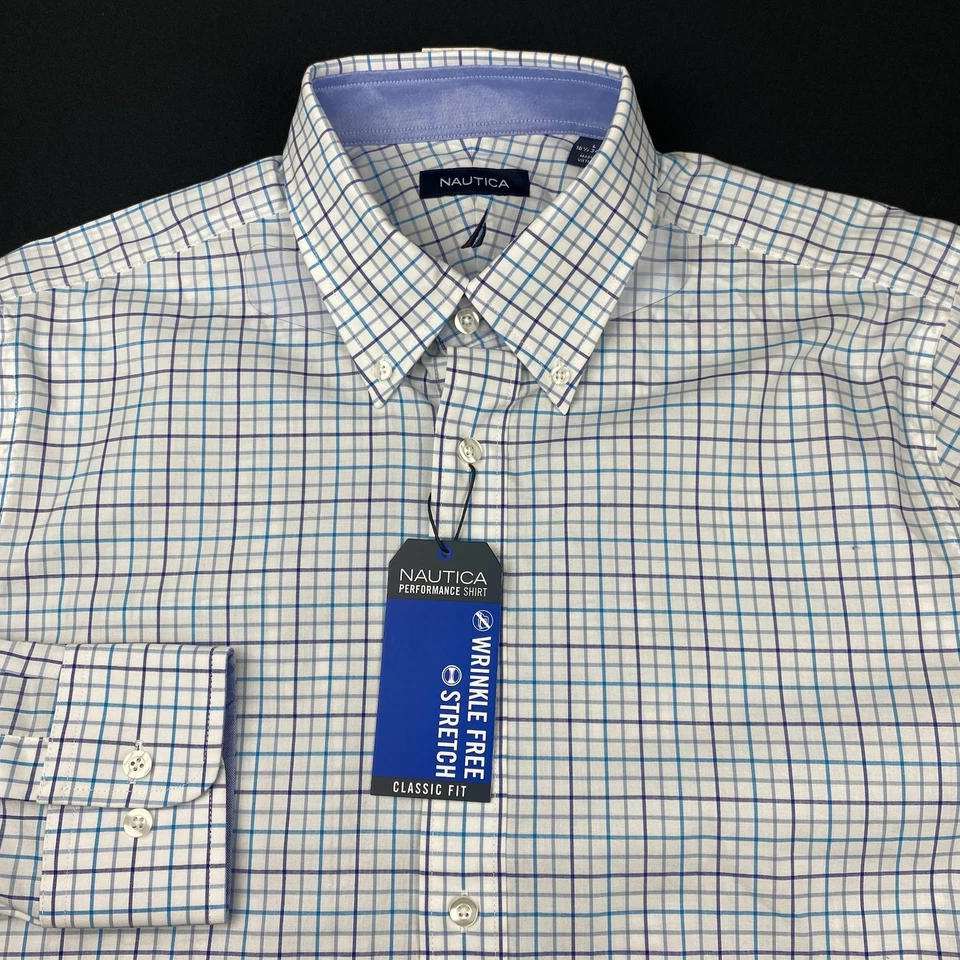 NAUTICA Performance Dress Shirt Mens 16.5-34/35 White w/Blue Checks Classic NWT! - Image 1 of 4