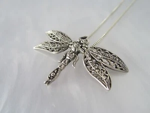 SUPER CUTE VTG SOLID STERLING SILVER DRAGONFLY w/ MOVING WINGS PENDANT NECKLACE - Picture 1 of 18
