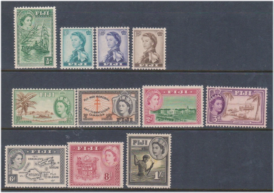 (F141-15) 1954 Fiji mezcla de 11 sellos QEII 1/2d a 1/- MUH (O) (PZ59) Foto 1 de 1
