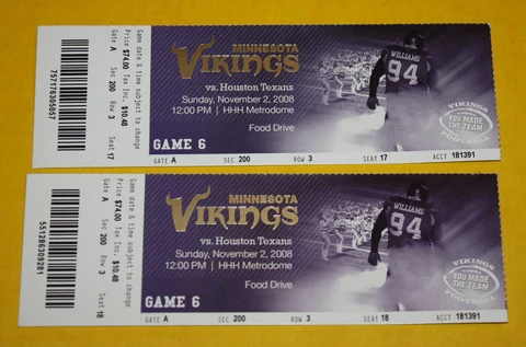 Minnesota Vikings Ticket Stub | November 2 2008 | Andre Johnson Adrian Peterson Cover