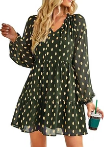 KIRUNDO Women's 2024 Fall Long Sleeve Gold Polka Dot Cute Babydoll Dress Casual - Picture 1 of 15