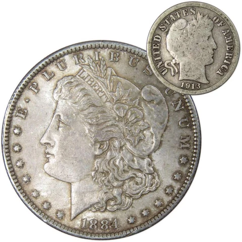1884 O Morgan Dollar XF EF Extremely Fine with 1913 Barber Dime G Good Cover