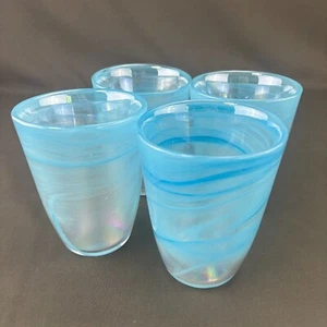 Set of 4 Artistic Accents Iridescent Blue Swirl Glasses/Tumblers/Cups Handblown - Picture 1 of 7