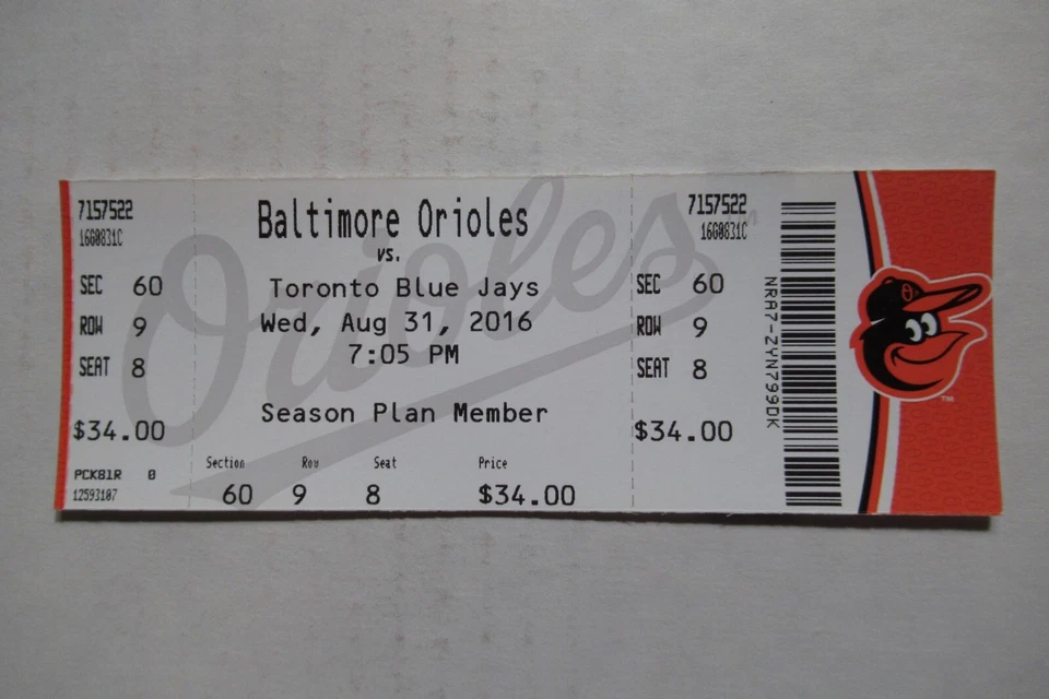 ORIOLES VS BLUE JAYS 8/31/2016 FULL TICKET ~ BAUTISTA/MARTIN/SCHOOP+ HRs - Image 1 of 1