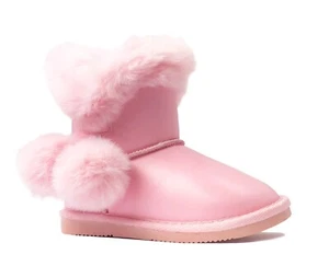 NEW Girls Mid Snow Boots Toddler PU Leather Winter Flat Heel Shoe Faux Fur - Picture 1 of 60