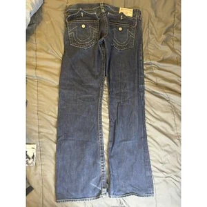 True Religion Red/Black Mens 36 Jeans Straight Super T Distressed Thick Stitch - Picture 1 of 8
