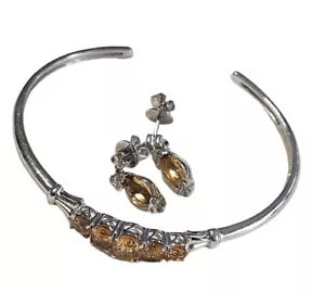 PAU 925 Sterling Silver And Citrine Bracelet 7" , 1" Opening,And Earrings - Picture 1 of 6