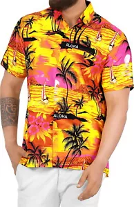 LA LEELA Mens Hawaiian Short Sleeve Button Down Shirts Island View, Orange M - Picture 1 of 3