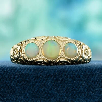 9K Yellow Gold Opal  Vintage Style Carving Three Stones Ring - Image 1 of 4