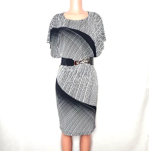 Frank Lyman Design Geometric Dress Size 10 Black White Belted Elastic Waist - Picture 1 of 6
