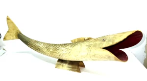 Handmade Carved Horn Fish 25"L Glass Eyes Desk Mantle Decor - Picture 1 of 10
