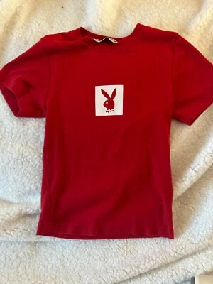 CAMISETA PLAYBOY ROJA CABEZA DE CONEJO BLANCO BRILLO LOGOTIPO PEQUEÑO JUNIOR ALGODÓN FOTOS REALES Foto 1 de 4