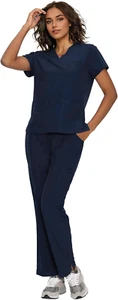 Women's Scrub Set V Neck Top & Cargo Pants, 12 Pockets, Stretch, Yoga Waistband - Picture 1 of 19