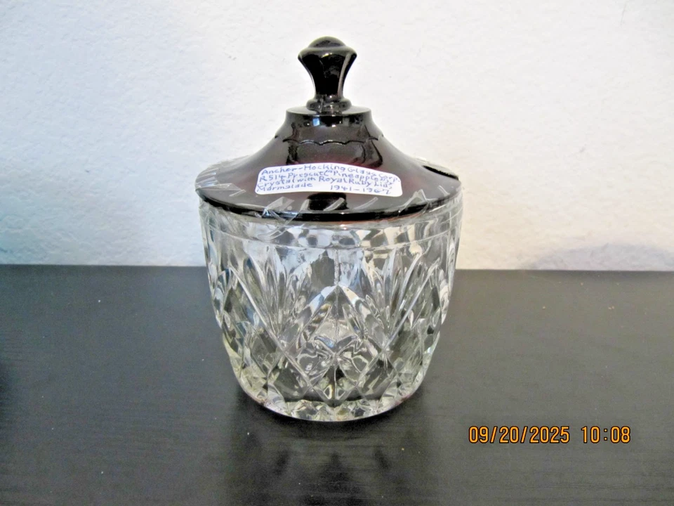 Vintage Anchor Hocking Covered Marmalade Jelly Jar Pineapple Fan Royal Ruby  Lid - Image 1 of 3