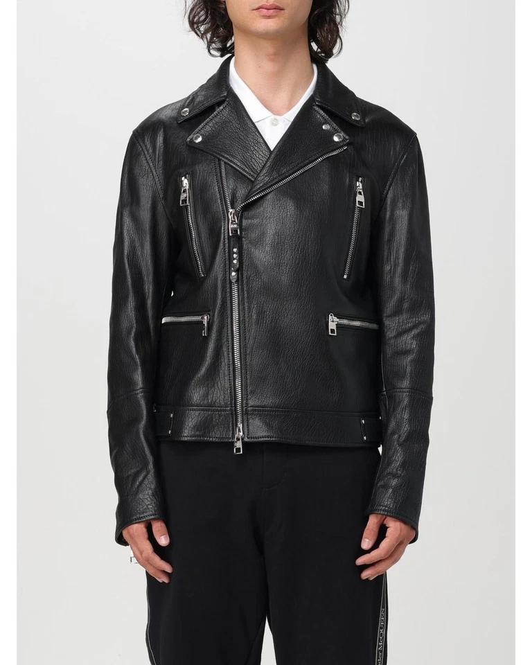 Mcqueen Leather Jacket Motorcycle Style Men Black - Image 1 of 4