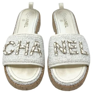 Chanel White Tweed Chain Logo Cork Sandals – 2021 Cruise Collection - Picture 1 of 10