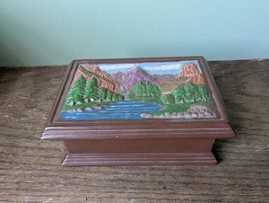 Vintage Hershey Molds Ceramic Jewerly Trinket Box Brown Landscape Handmade - Picture 1 of 13