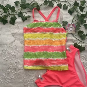 Girls TANKINI SET  Swimsuit NEONs W/ HOT PINK& More Top M 7/8 Bottom L 10/12 NWT - Picture 1 of 7