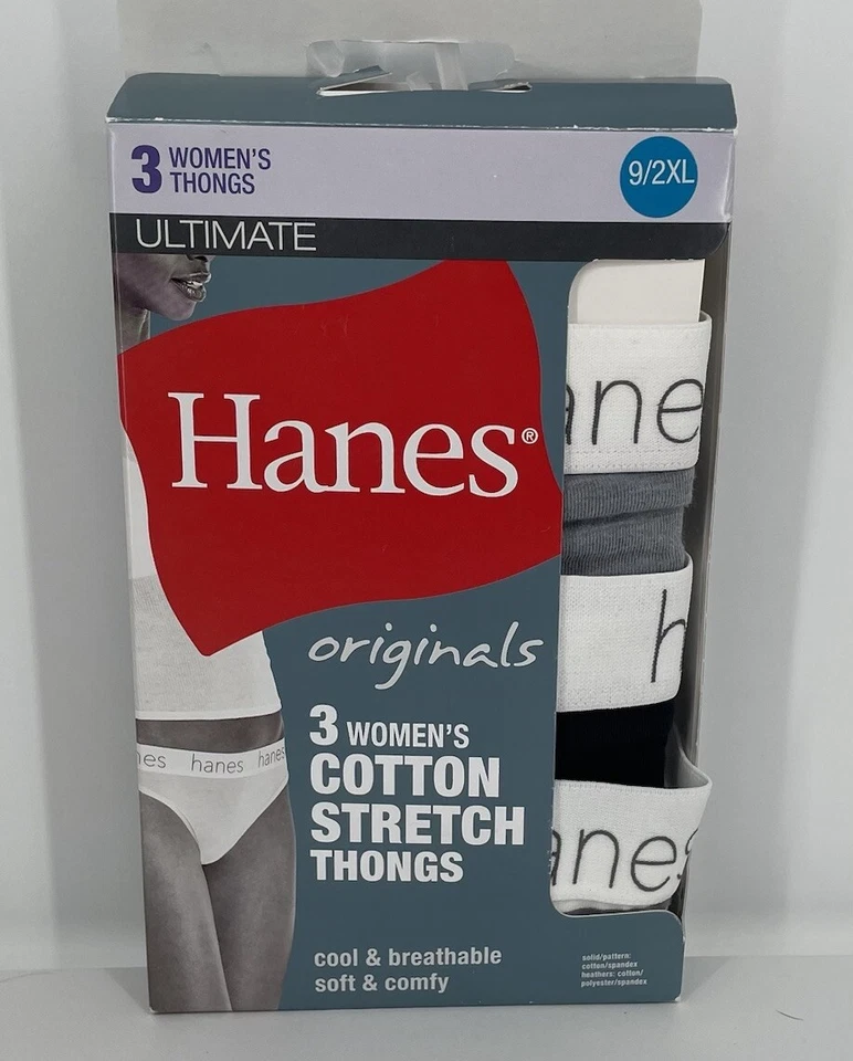 HANES Originals Women's Plus Size 9/2XL Cotton Stretch 3pk Thongs Underwear