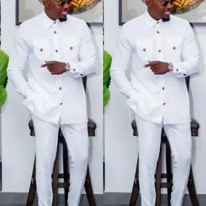 2 Piezas Blanco Hombres Trajes Cuello Alto Informal Fiesta Trabajo Prendas exteriores Hombres Blazer Pantalones - Imagen 1 de 16