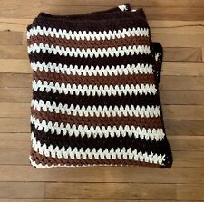 Retro Vintage Queen Size Crochet Afghan Blanket Brown Tan Cream Stripe Throw
