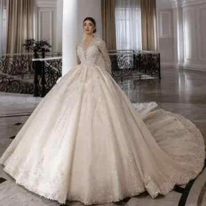 Luxury A-Line Wedding Dresses V-Neck Long Sleeve Lace Applique Beaded Ball Gowns - Picture 1 of 11