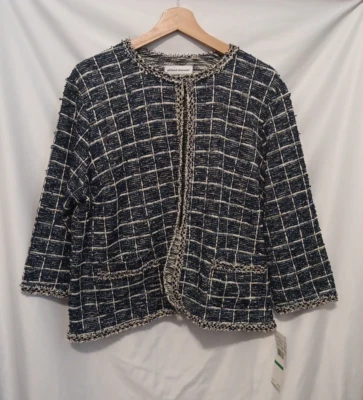 Alfred Dunner Sloane St Open Knit Cardigan PL Petite Large Navy Ivory 3/4 Sleeve - Image 1 of 4