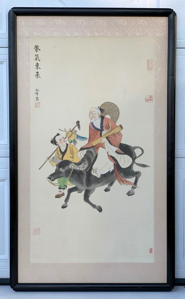 ANTIGUA PINTURA FOLCLÓRICA CHINA ASIÁTICA ANTIGUA ZIQI Y BOYA HOMBRE SABIO VIAJERO EN OX Foto 1 de 4
