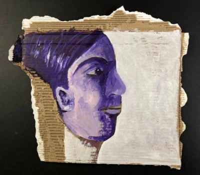 Original Woman Naive Portrait Painting Expressive Grungy Purple Wall Art - Image 1 of 4