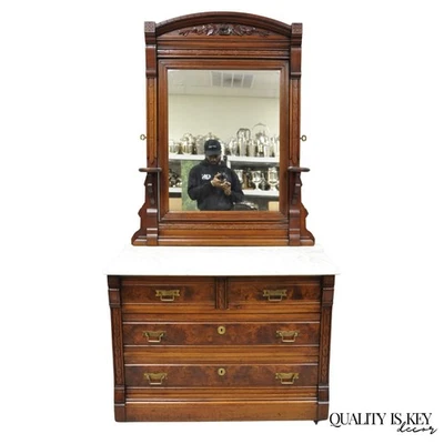Antique Eastlake Victorian Carved Walnut Marble Top Washstand Dresser w/ Mirror - Image 1 of 4